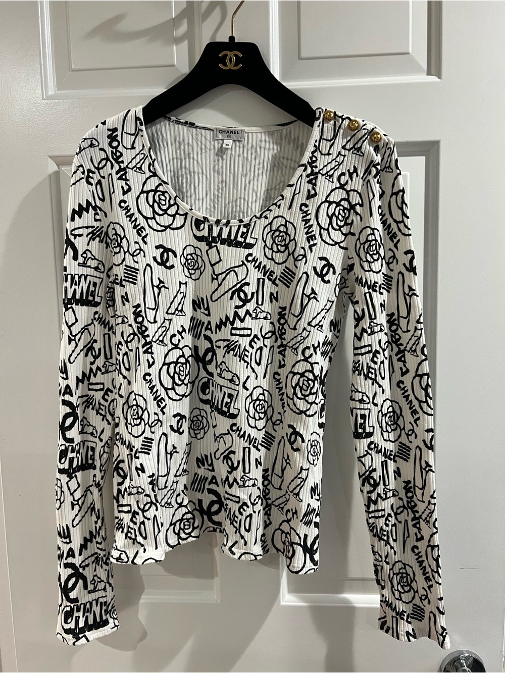 Chanel 19A Egypt Series White Graffiti Camélia Full Print Logo top